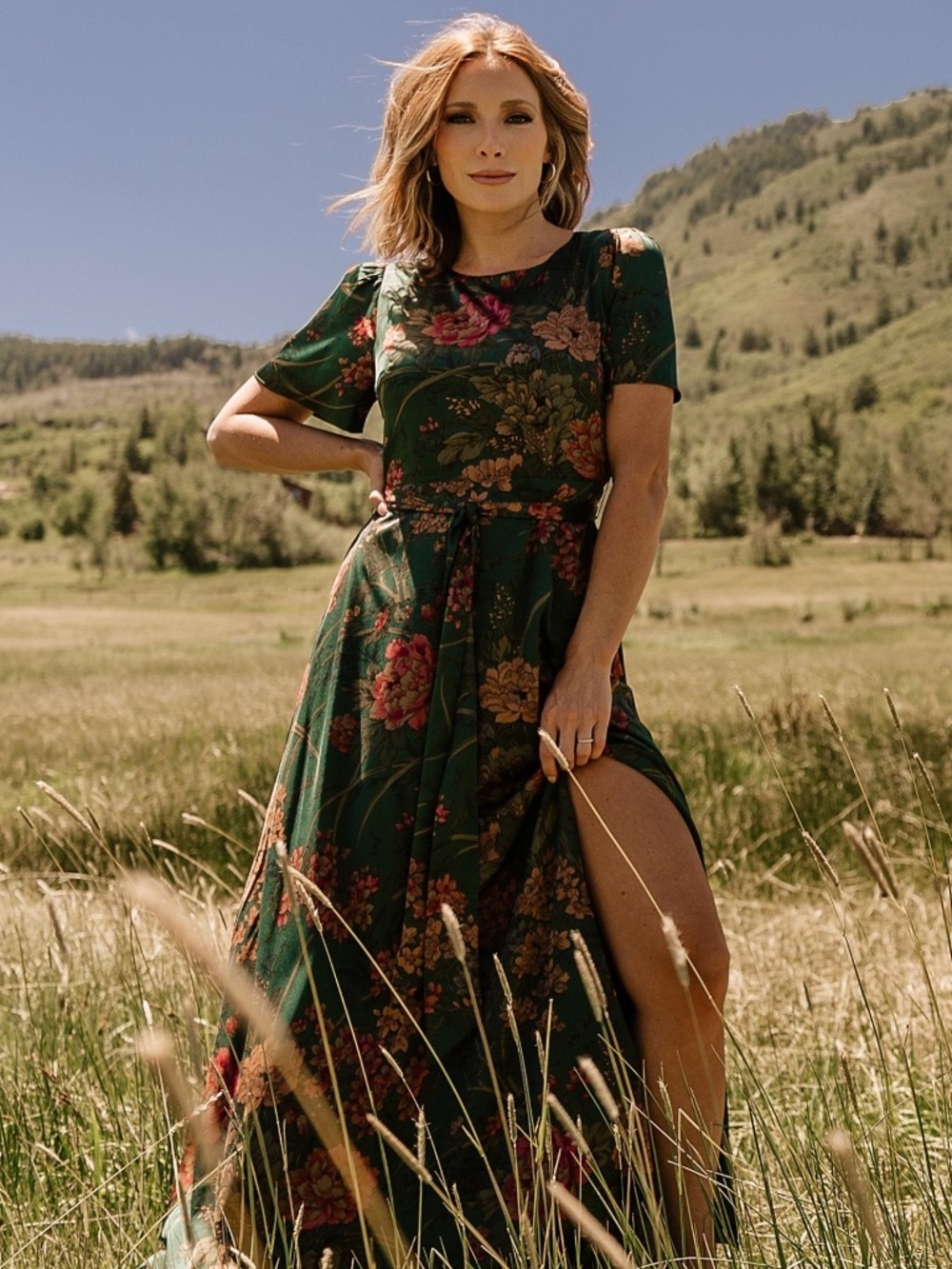 Baltic Born Agnes Satin Maxi Dress | Dark Green Floral Size LL